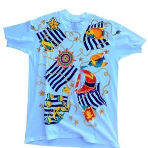 VTG 90s Single Stitch Nautical Fish Print Shirt XL